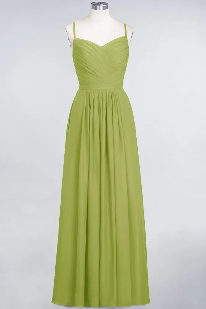 A-Line Spaghetti-Straps Sweetheart Sleeveless Bridesmaid Dress Ruffles Chiffon Evening Maxi Gown