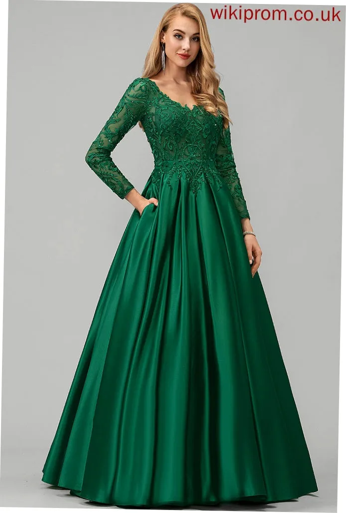 With Beading V-neck Sequins Ball-Gown/Princess Floor-Length Satin Adrienne Prom Dresses
